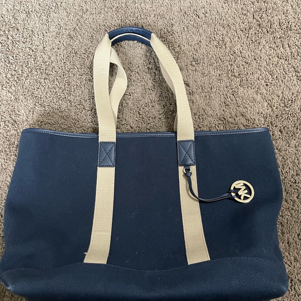 Navy Blue Tote Bag with Beige Straps